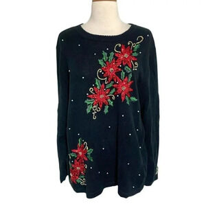 Vintage Basic Edition‎ Holiday L black sweater with embellished red poinsettia